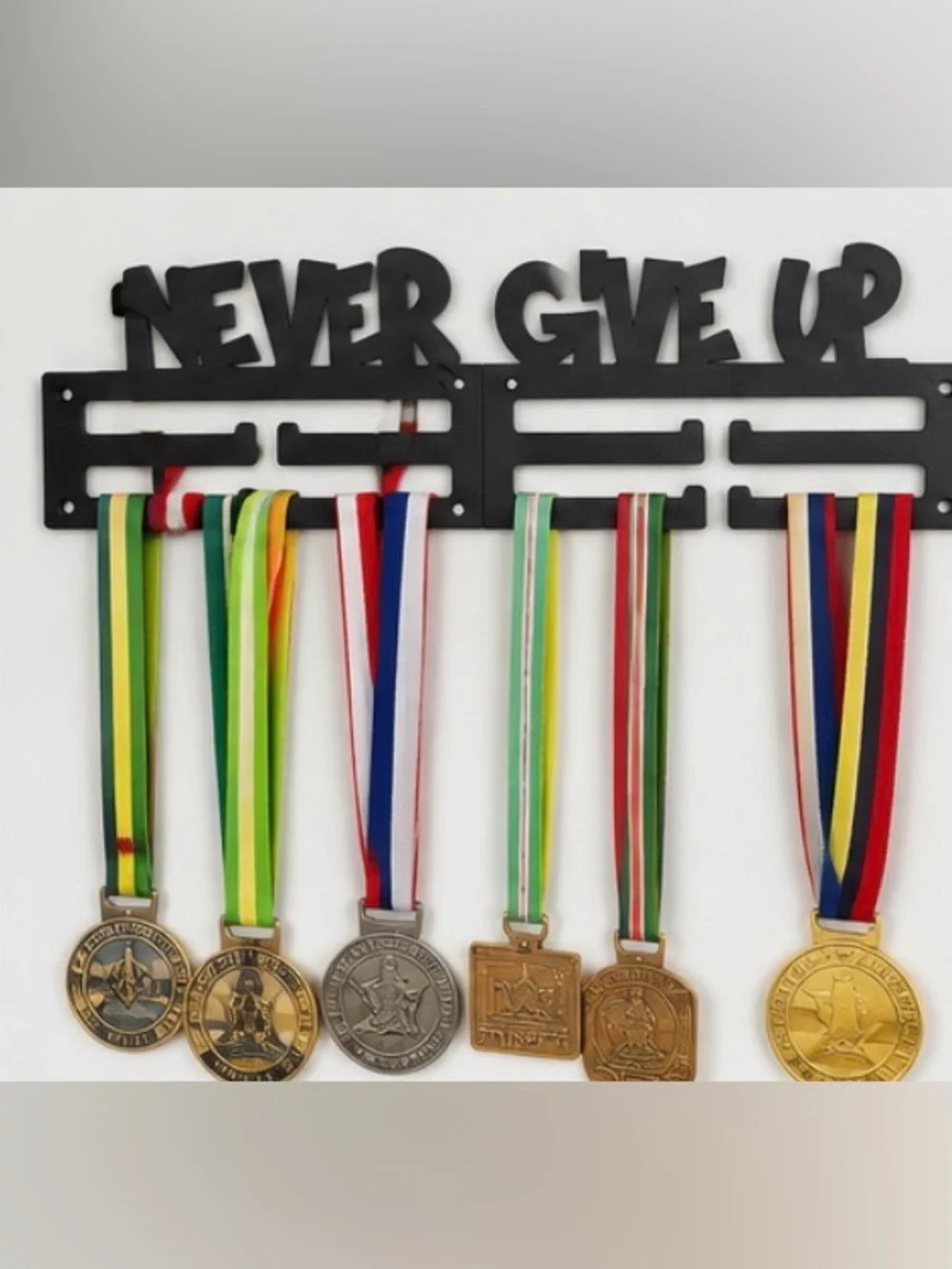 Never Give Up Black Metal Medal Hanger - Inspirational Wall Hook